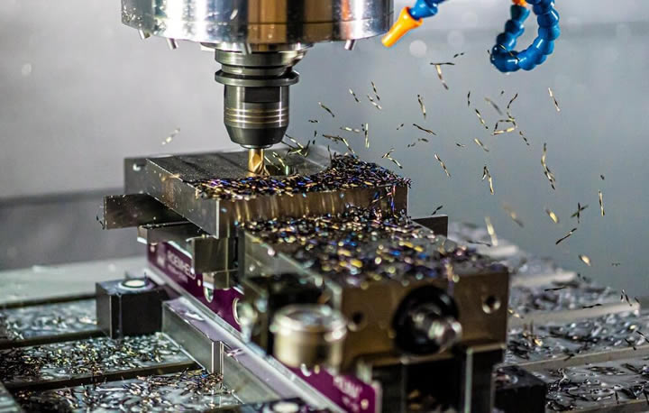 CNC cutting tool machining metal part with coolant
