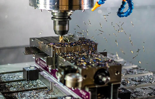 CNC cutting tool machining metal part with coolant